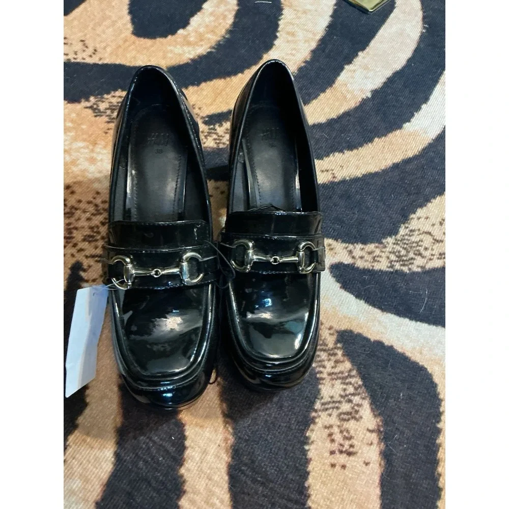 NWT H&M Black Patent Faux Leather Block Chunky Horsebit Loafer Heels